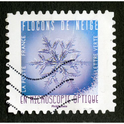 Timbre Oblitéré Flocons De Neige En Microscope Optique, La Poste, France, Lettre Verte