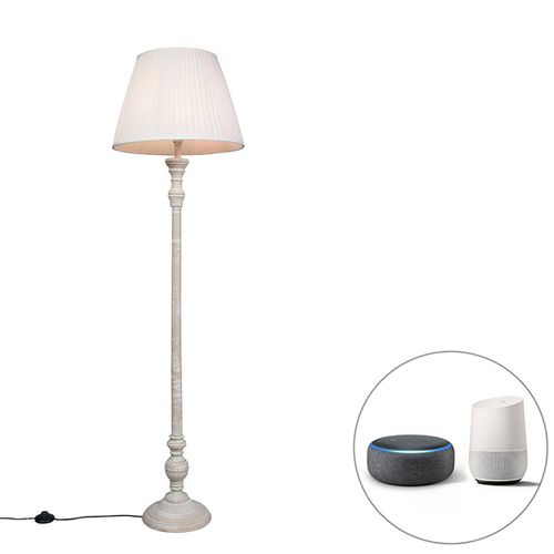 Qazqa Rétro Smart Vloerlamp Grijs Met Witte Plissé Kap Incl. Wifi A60 - Classico Bois /Tissu Crème,Gris Rond / Luminaire / Lumiere / Éclairage / Intérieur / Salon E27 Max. 1 X Watt