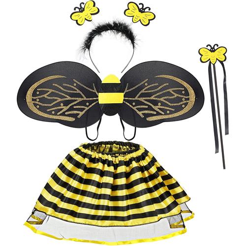 Déguisement Abeille Pour Fille 4 Pièces, Costume De Abeille Ailes Tutu Jupe Baguette Serre-Tête Avec Abeille,Deguisement Princesse Enfant Pour Carnaval Cosplay