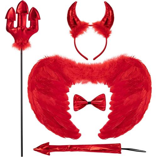 5pièces Deguisement Diable,Aile Demon Corne Diable Cravate Et Queue Accessoire Halloween,Halloween Costume Deguisement Carnaval Femme