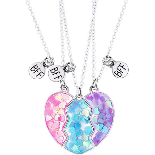 Collier D Amitie Pour 3 Filles, Collier Best Friends Pour 3 Filles, Collier Coeur Separable, Collier Paillettes Coeur Pendentif Pour Soeur Friend Cadeau Jeune Fille Anniversaire