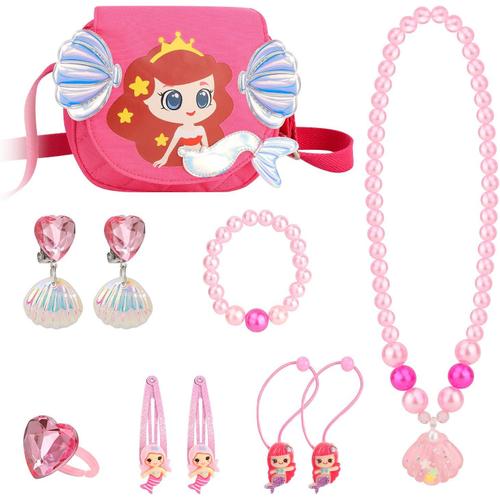 Sirène Bijoux Set Sacs À Main Enfants, Mermaid Sac Bandouliere Collier Bracelet Boucles D'oreilles Bagues Pinces À Cheveux Ensemble, Princesse Bijoux Cadeau Fête Anniversaire 