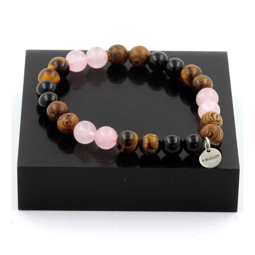Bracelet Perles Quartz Rose + Oeil De Tigre + Agate Noire + Bois 8 Mm. Fabriqué En France.