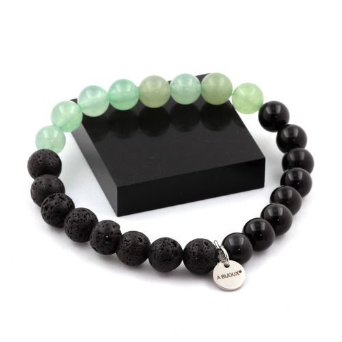 Bracelet Perles Aventurine + Lave + Obsidienne Noire 8 Mm. Fabriqué En France.