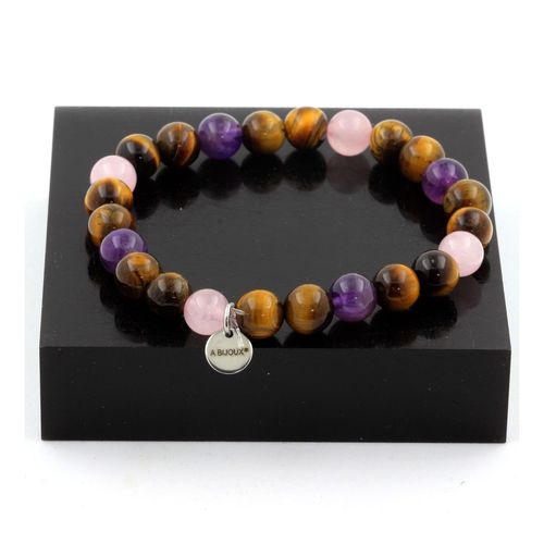Bracelet Perles Quartz Rose + Améthyste + Oeil De Tigre 8 Mm. Fabriqué En France.