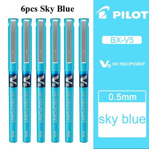 6 Pièces Bleu Ciel Stylo À Bille Roulante Pilot V5, 0.5mm, Encre Liquide Hi Tec, Pour Dessin Et Écriture, École Et Bureau