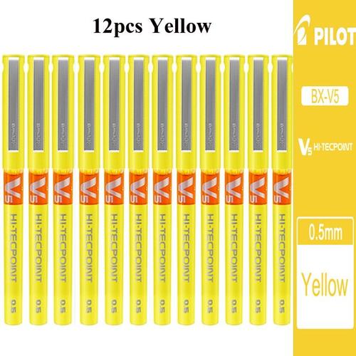 12pcs Jaune Stylo À Bille Roulante Pilot V5, 0.5mm, Encre Liquide Hi Tec, Pour Dessin Et Écriture, École Et Bureau