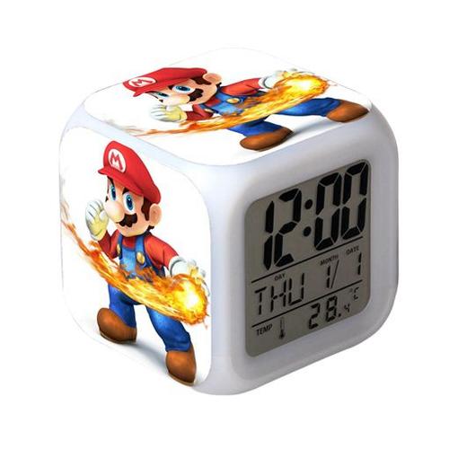 Réveil coloré Super Mario Horloge carrée LED Réveil numérique avec heure,  température, alarme, date