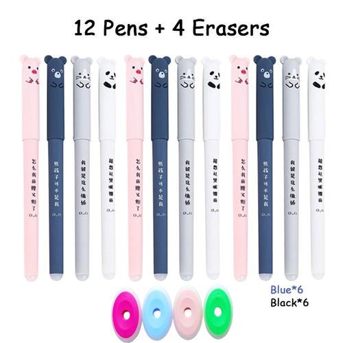 6noir 6bleu 4gomme Stylos Effaçables 0.35mm, Kawaii, Pour Écriture, Cadeaux Pour Filles, Stylo Gel Ours Mignon, Accessoires De Bureau, Papeterie Scolaire