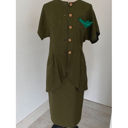 Ensemble Taille 40/42 Liliane Burty Vert Kaki Veste Jupe Longue Lin