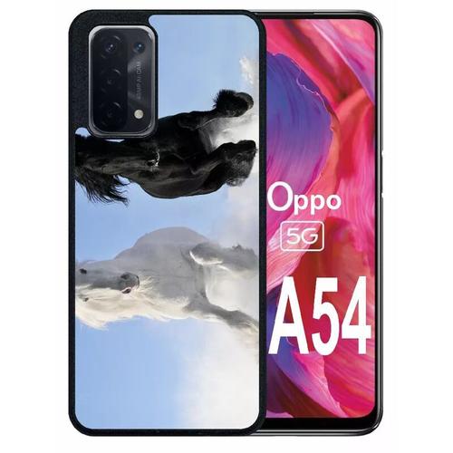 Coque Pour Oppo A54 5g - Chevaux Blanc Et Noir Dans La Neige - Silicone - Noir