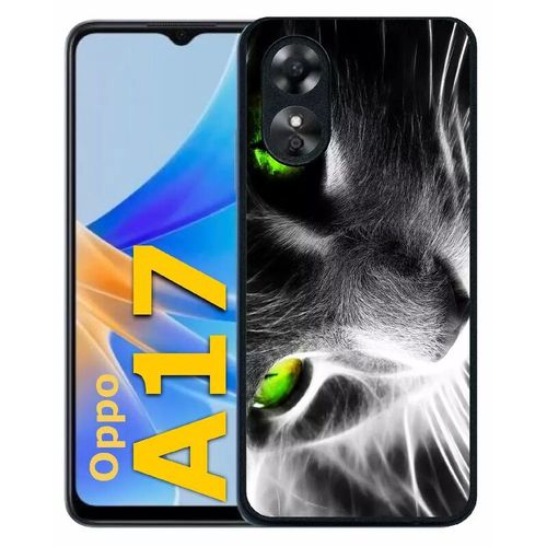 Coque Pour Oppo A17 - Chat Noir Et Blanc Yeux Vert - Silicone - Noir