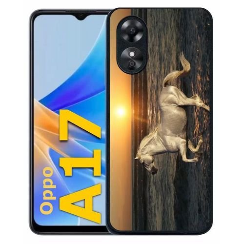 Coque Pour Oppo A17 - Cheval Blanc Couché De Soleil Sur La Plage - Silicone - Noir