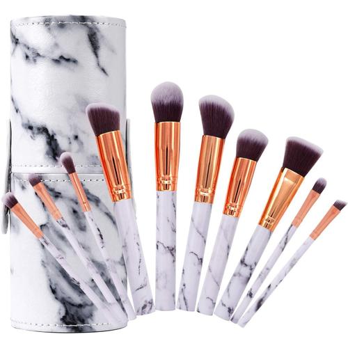 Ensembles De Pinceaux De Maquillage En Marbre Professionnels Brosse Cosmétique Portable Pour Poudre Libre, Contours, Ombres, Ombres À Paupières Et Fond De Teint, Avec Porte-Pinceau En Pu, 10 Pièces 