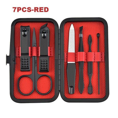 Ensemble De Coupe-Ongles En Acier Inoxydable,Kit D'outils De Soin Des Mains,Ciseaux Professionnels,Pince À Épiler,Cure-Oreilles,Multifonction,03 Pieds,7 Pièces - Type 7pcs-Red 