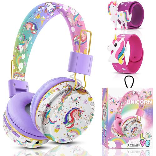 Joli casque sans fil pour enfants, motif licorne, casque Bluetooth avec  microphone, casque réglable pour enfants de 2 ans et plus, compatible avec  iPad/tablette Fire (violet) violet