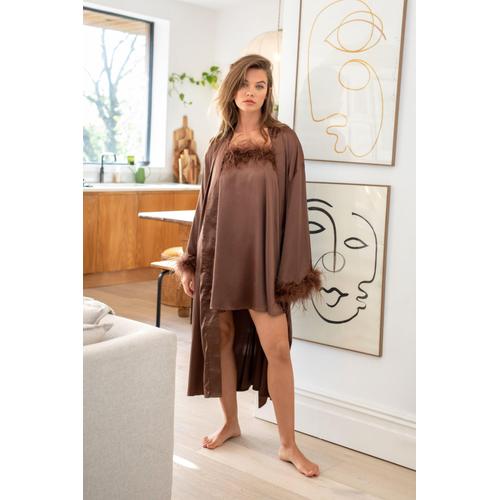 Peignoir Long Satiné Avec Bordure À Plumes - Marron - 38