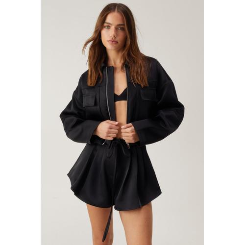 Premium Satin Tailored Structured Sleeve Cropped Bomber Jacket - Noir - 32