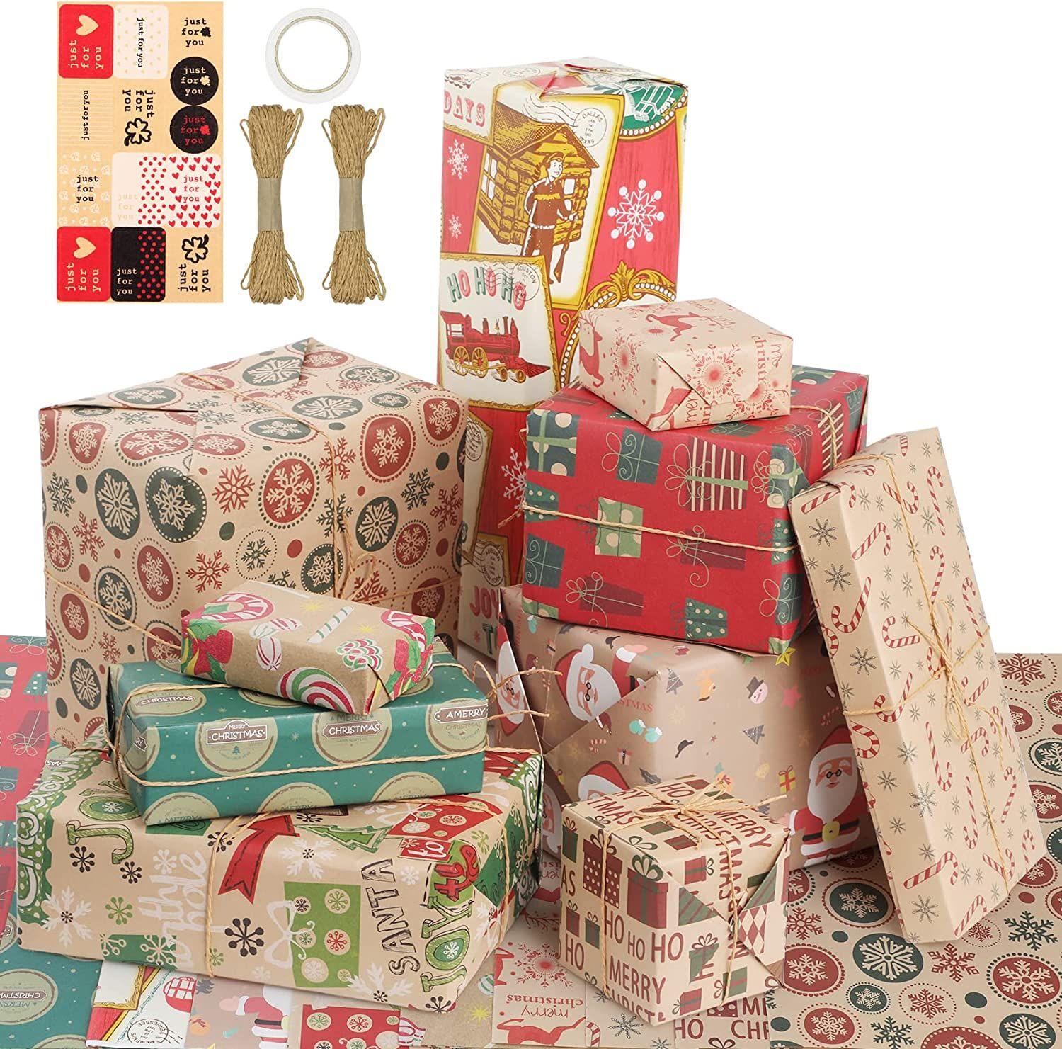 Papier Cadeau Kraft, 10Pcs 50 * 70 CM Emballage Cadeau Papier Brun, Papier  d'Emballage de Noël avec Autocollant + Corde D'emballage + Ruban Adhésif  Double Face