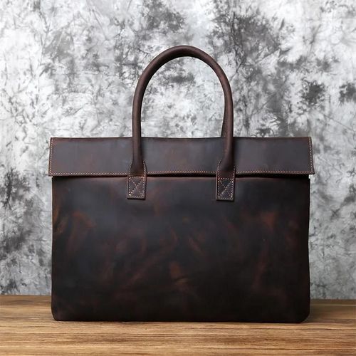 Marron foncé (grand) - mallette rétro en cuir pour hommes, sac à main décontracté, couche supérieure en peau de vache, sac'affaires pour tablette, pochette fine pour ordinateur portable 16 pouces