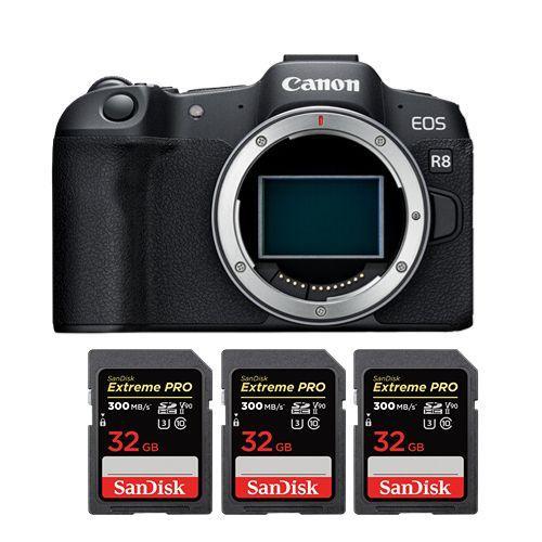 Appareil photo Canon EOS R8 + 3 SanDisk 32 Go Extreme Pro SDHC UHS-II 4K U3 300 Mo/s