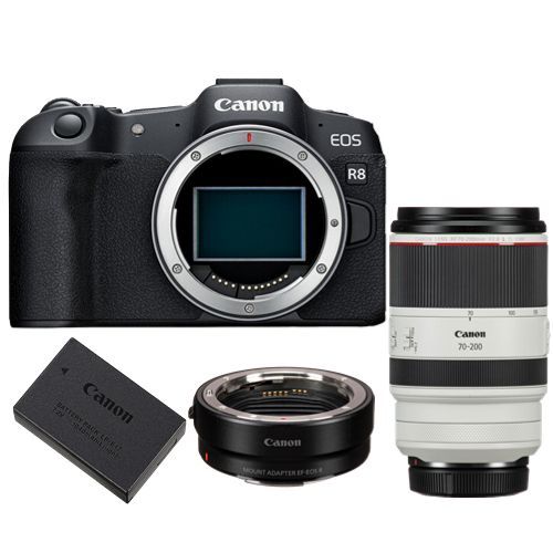 Appareil photo Canon EOS R8 + adaptateur de montage EF-EOS R + batterie canon LP-E17 + RF 70-200mm f2.8 L IS USM