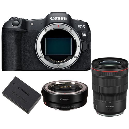 Appareil photo Canon EOS R8 + adaptateur de montage EF-EOS R + batterie canon LP-E17 + RF 15-35mm f2.8L IS USM