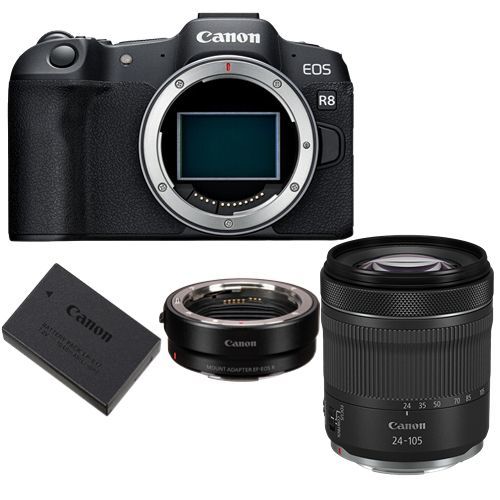 Appareil photo Canon EOS R8 + adaptateur de montage EF-EOS R + batterie canon LP-E17 + RF 24-105mm f4-7.1 IS STM