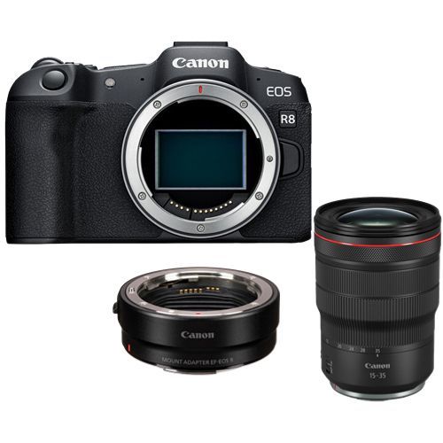 Appareil photo Canon EOS R8 + adaptateur de montage EF-EOS R + RF 15-35mm f2.8L IS USM