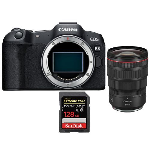 Appareil photo Canon EOS R8 + RF 24-70mm f2.8L IS USM + SanDisk 128 Go Extreme Pro SDXC UHS-II U3 300 Mo/s