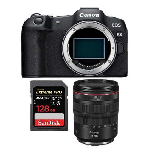Appareil photo Canon EOS R8 + RF 24-105mm f4L IS USM + SanDisk 128 Go Extreme Pro SDXC UHS-II U3 300 Mo/s