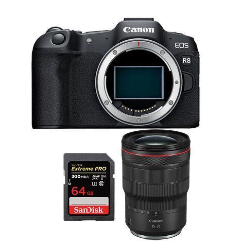Appareil photo Canon EOS R8 + RF 15-35mm f2.8L IS USM + SanDisk 64 Go Extreme Pro SDXC UHS-II U3 V90 300 Mo/s