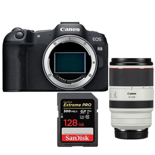 Appareil photo Canon EOS R8 + RF 70-200mm f2.8 L IS USM + SanDisk 128 Go Extreme Pro SDXC UHS-II U3 300 Mo/s