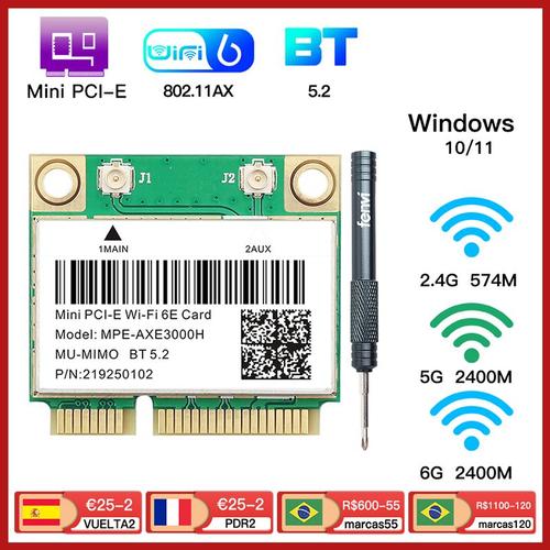 Antenne extérieure - 5374Mbps Wifi 6E AX210 Mini PCIE Carte Wifi LeicBand Adaptateur réseau sans fil Wlan 802.11ax/ac Compatible Bluetooth 5.2 MU MIMO