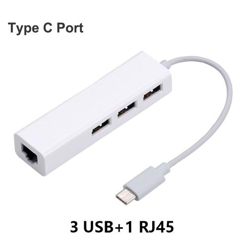 Type-C avec 3 USB - Adaptateur filaire USB Type C vers Ethernet LAN Rj45, USB 100, carte réseau, concentrateur USB 3 ports pour PC, Macbook, ordinateur portable Windows 10, 10 Mbps, 2.0 Mbps