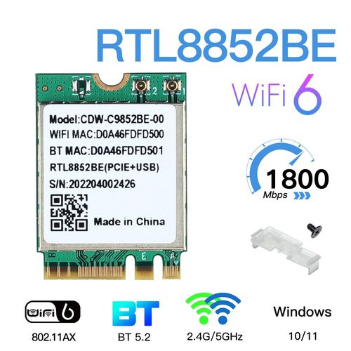 RTL8852BE - adaptateur WiFi 6 double bande AX1800 RTL8852BE, M.2 NGFF, sans fil, Bluetooth 5.0, 802.11AX, 2.4G/5G Wlan, carte WiFi pour ordinateur portable/PC