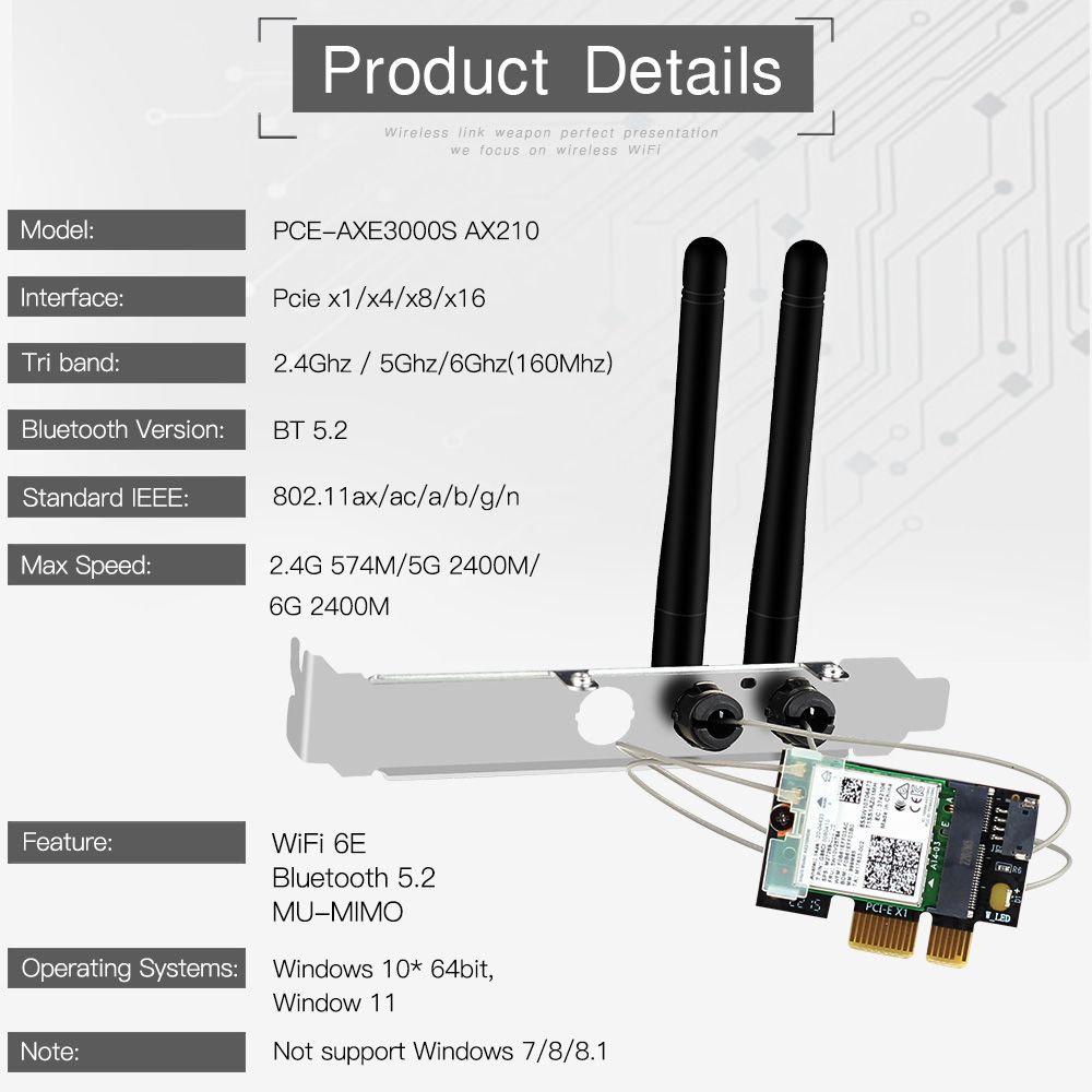 Mpci-axe3000 - Adaptateur Wi-fi 6e Intel Ax210 Pcie Sans Fil... - 2