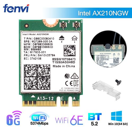 Intel ax210ngw - Carte Réseau Sans Fil 1675x Wi-fi 6e, 5374m, Bluetooth 5.2, 802.11ax, Ax210ngw, Pour Ordinateur Portable Windows 10/win11