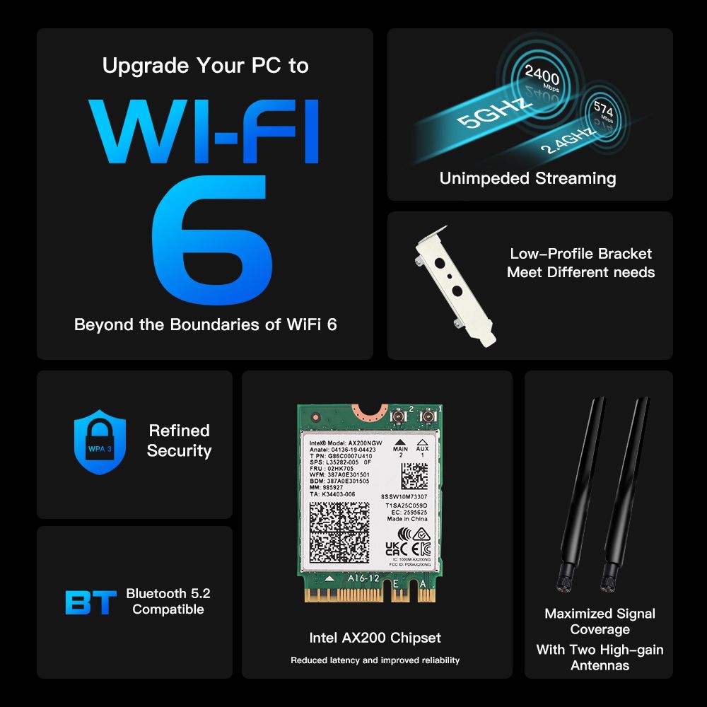Ax200ngw - Carte Rseau Wi-fi 6 Intel Ax200 802.11ax, 3000/5... - 3