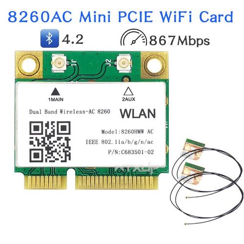 avec une antenne - Carte réseau Wi Fi sans fil AC 8260 8260HMW 8260AC Mini PCI e 2.4G 5G WAP FI pour la stérilisation Intel 8260 11a/b/g/n/ac + Bluetooth 4.2 867Mbps