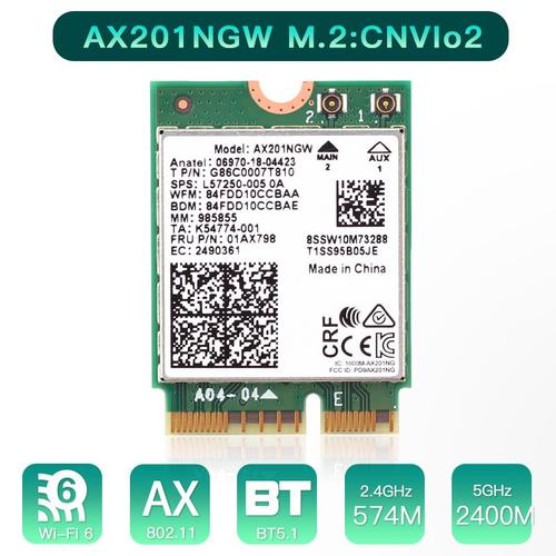 Carte Wi-fi 6 Intel Ax201 M.2 Key E Cnvio 2, 3000 Mb/s, Double Bande, Sans Fil, Bluetooth 5.0, 2.4ghz/5ghz, 802.11ac/ax, Ax201ngw