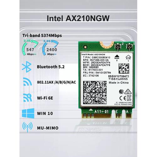 Ax210ngw - Carte Wifi AX210 Intel SION 8NGW 2.4G/5G P1 10/11 Wifi 6E Bluetooth Sans Fil Gigabit Carte Réseau LeicBand