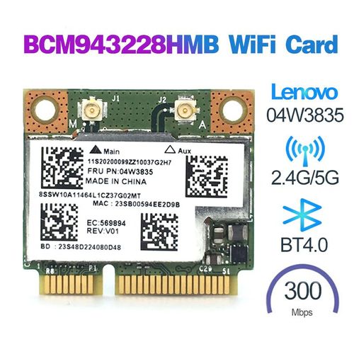 BCM943228HMB Lenovo - Carte Wifi sans fil pour Lenovo, Bturquoise B490, B590, ThinkPad Edge, E130, E135, E330, E335, E530, E535, Eturquoise X131e, Xagglome, BCM943228HMB, 04Wino 64