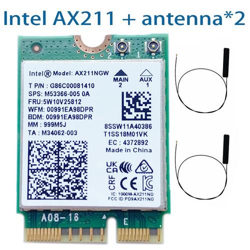 Antennes AX211NGW - Carte Wifi sans fil Intel AX211NGW LeicBand, adaptateur réseau, 2.4G, 5G, 6 mesurz, WAP FI, 6E, BT 5.3, AX211, M.2 KeyE, CNVio2, Windows 10