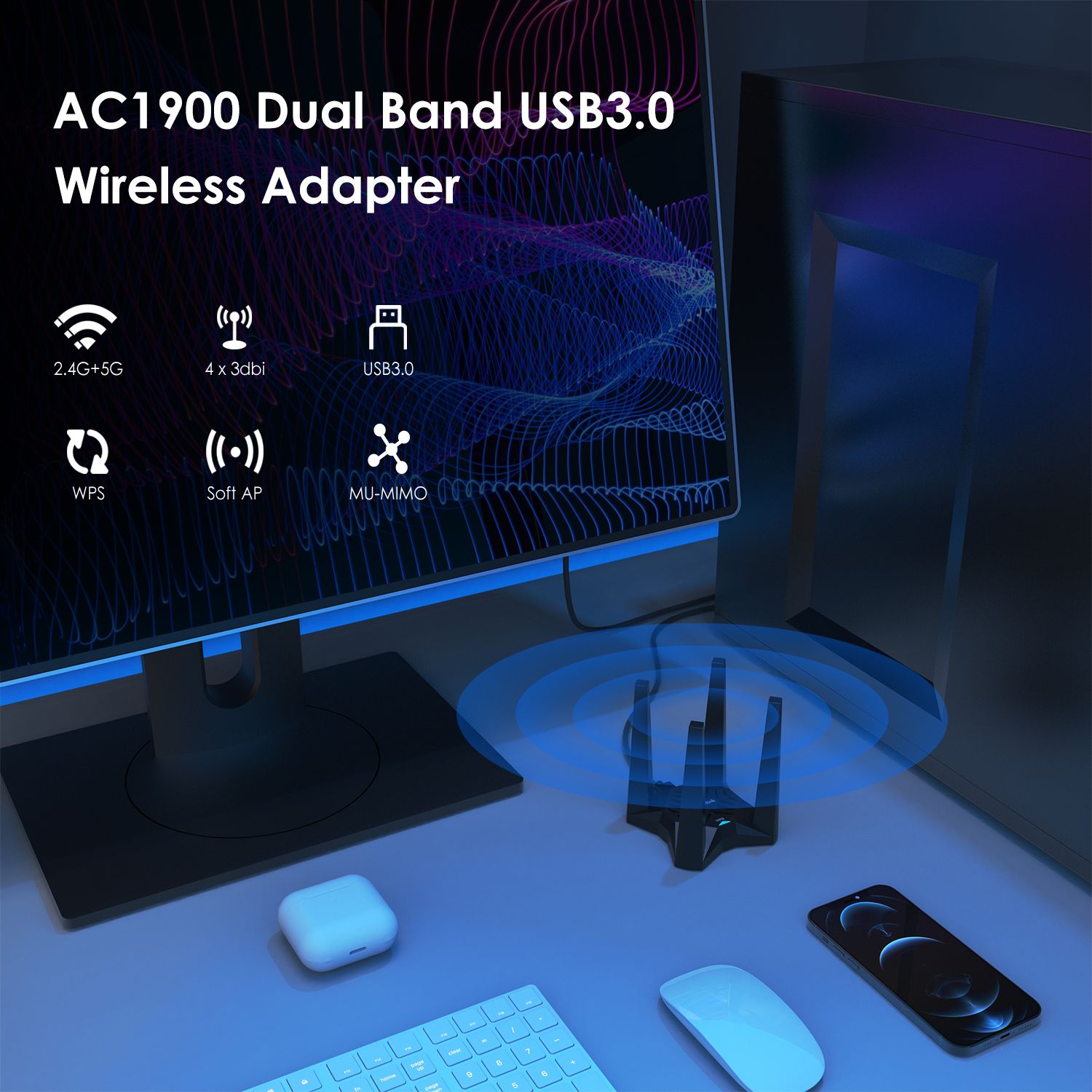 Antenne intgre - Wavexhaus Adaptateur USB 3.0 sans fil AC1... - 2