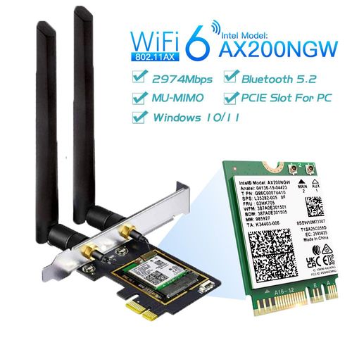Sans dissipateur thermique - WiFi 6 3000Mbps Bluetooth 5.2 PCIe Adaptateur Sans Fil Intel AX200 Carte Wifi Double Bande 2.4G/5Ghz 802.11ax/ac Pour PC De Bureau