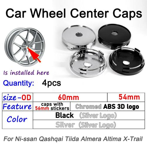 Capuchons De Moyeu Central De Roue De Voiture Insigne D'emblème Décalcomanie Enjoliveur De Roue Pour Nissan Qashqai Tiida Almera Altima Teana X-Trail 54mm 60mm 4 Pièces