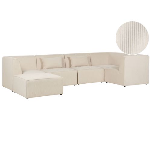 Canapé D'angle Côté Gauche Modulable 5 Places En Velours Côtelé Beige Avec Ottoman Lemvig