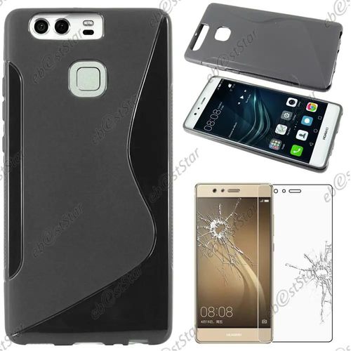 Ebeststar ® Pour Huawei P9 - Housse Etui Coque Silicone Gel Motif S-Line Protection Souple + Film Protection Écran Verre Trempé, Couleur Noir [Dimensions Precises De Votre Appareil : 145 X 70.9 X 7 Mm, Écran 5.2''] [Note Importante Lire Description]