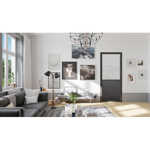 Bloc Porte Contemporain H. 204 X 73 X 3 cm cadre en aluminium blanc et verre Depoli blanc Poussant Droit